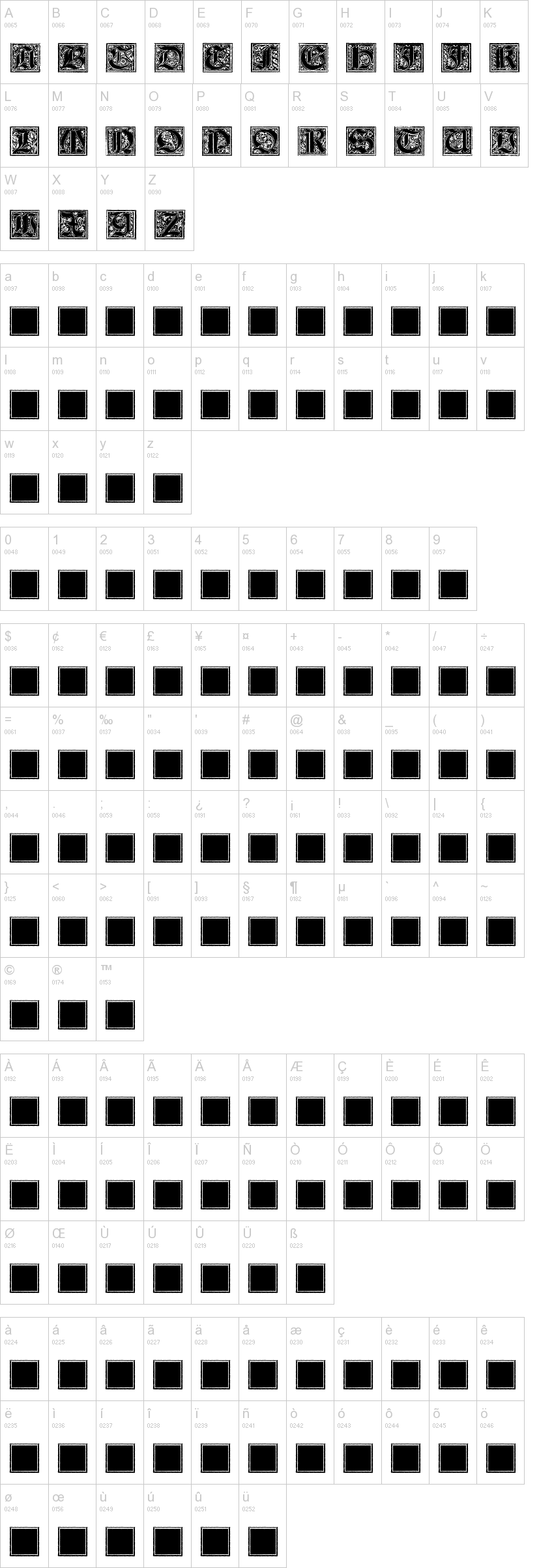 Camelot Initials 字体字形表