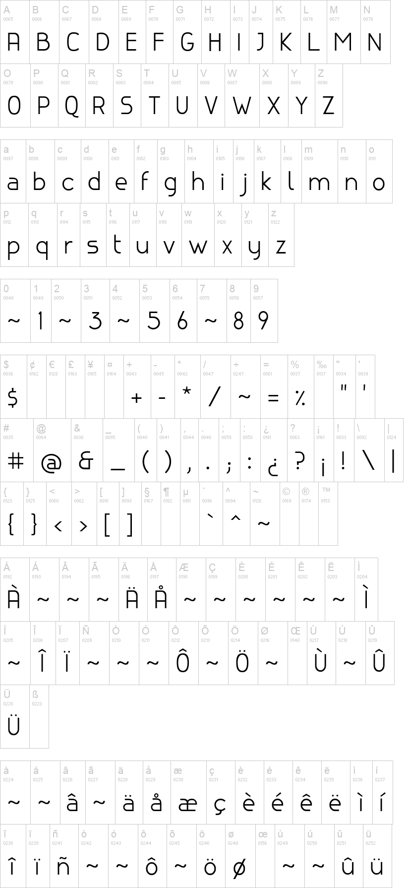 Canela 字体字形表