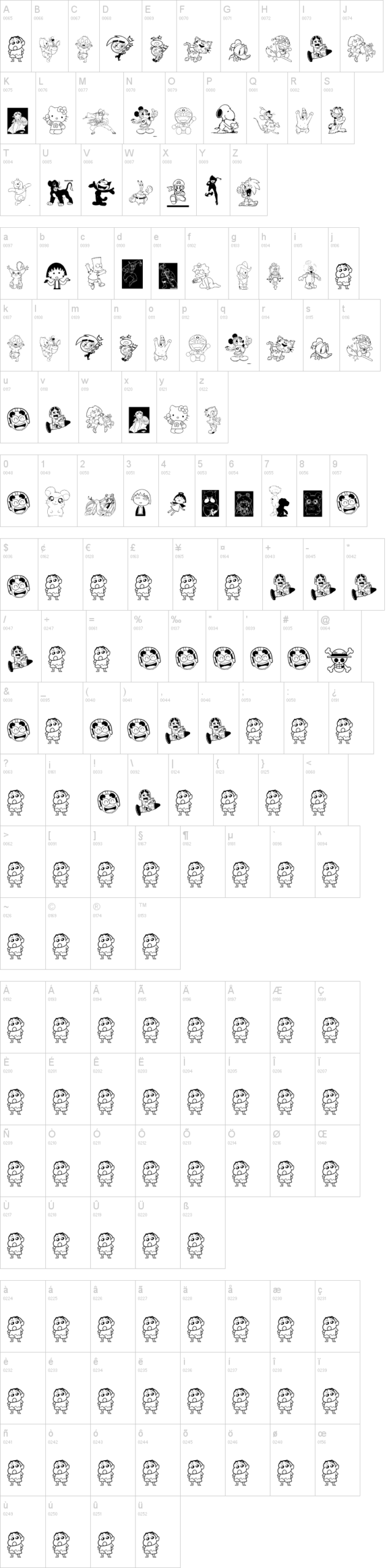 Cartoon 1994 字体字形表