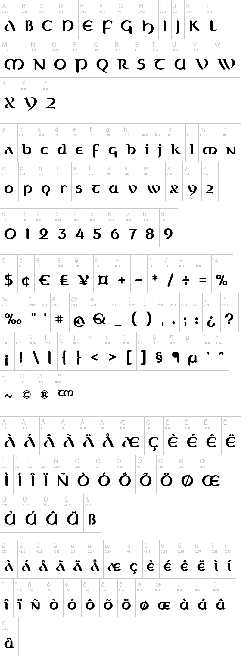 Celtica 字体字形表