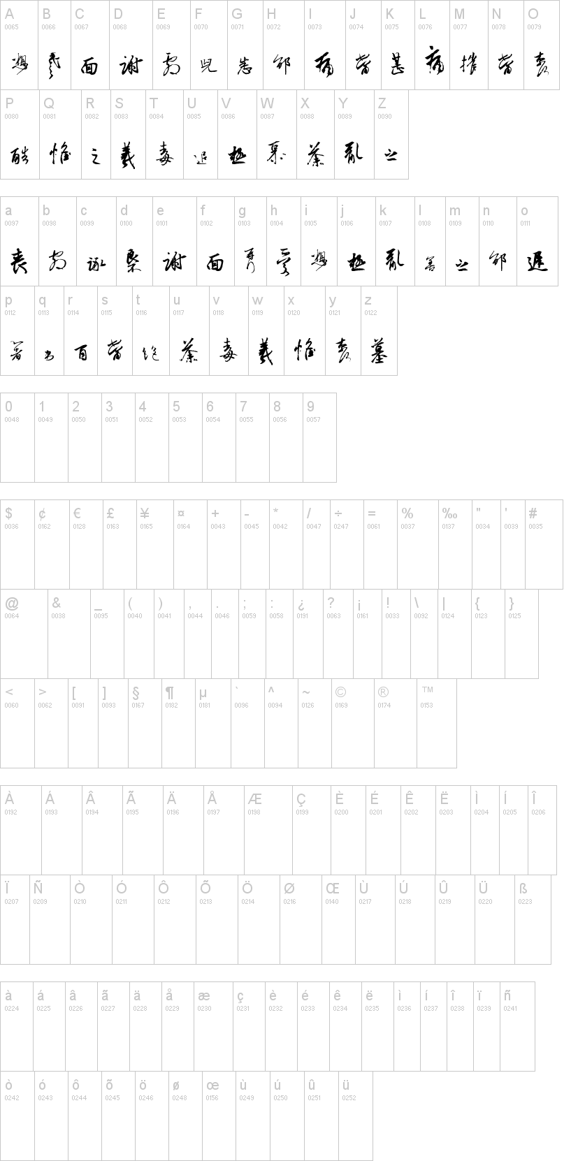 Chinese Cally TFB 字体字形表