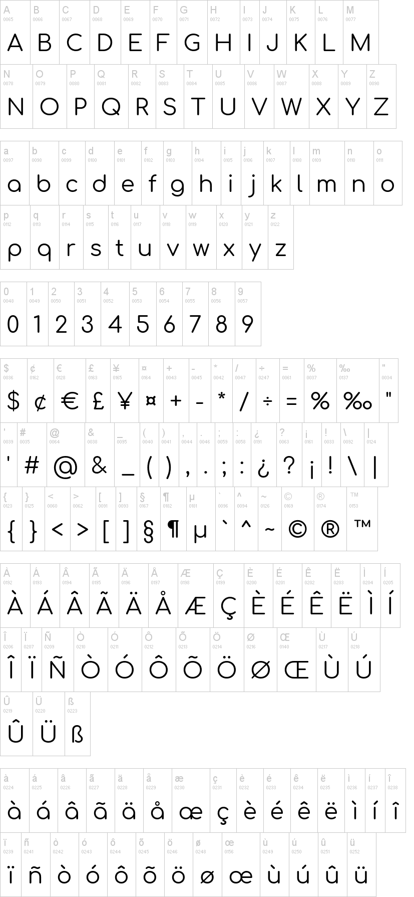 Comfortaa 字体字形表