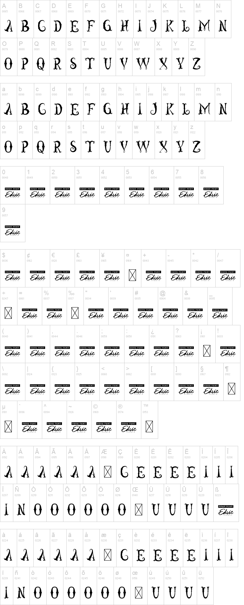 Curly Planet 字体字形表