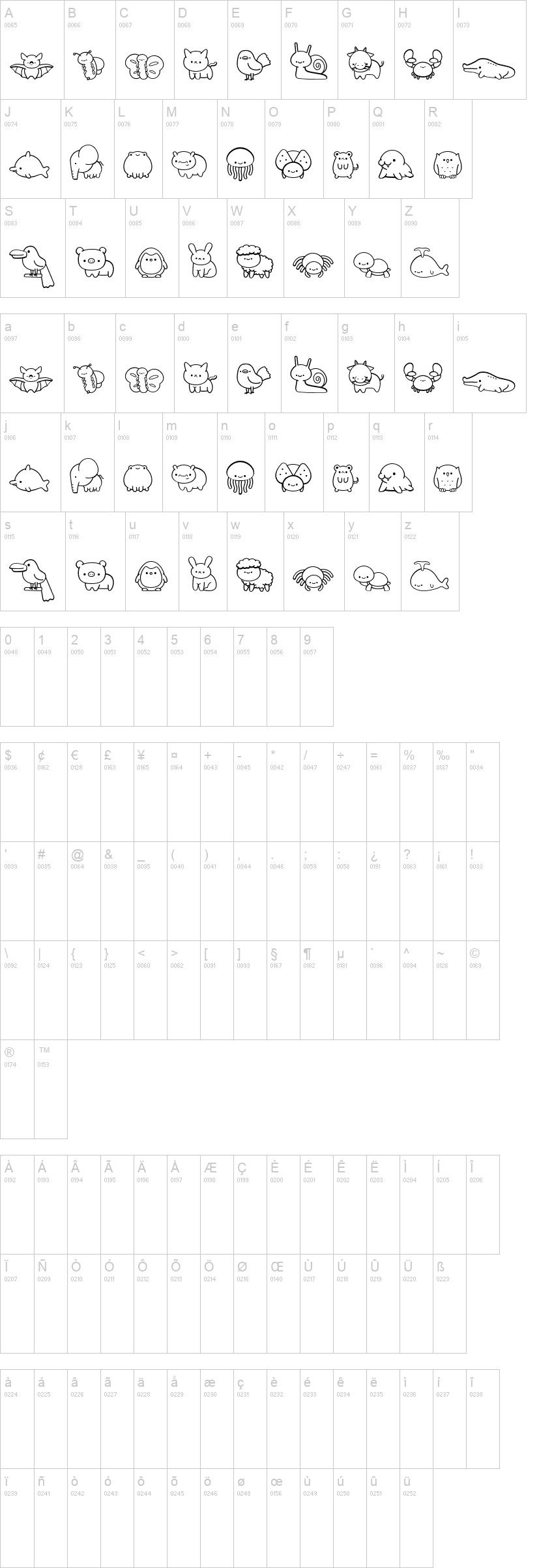 Cute Animals Dingbat 字体字形表