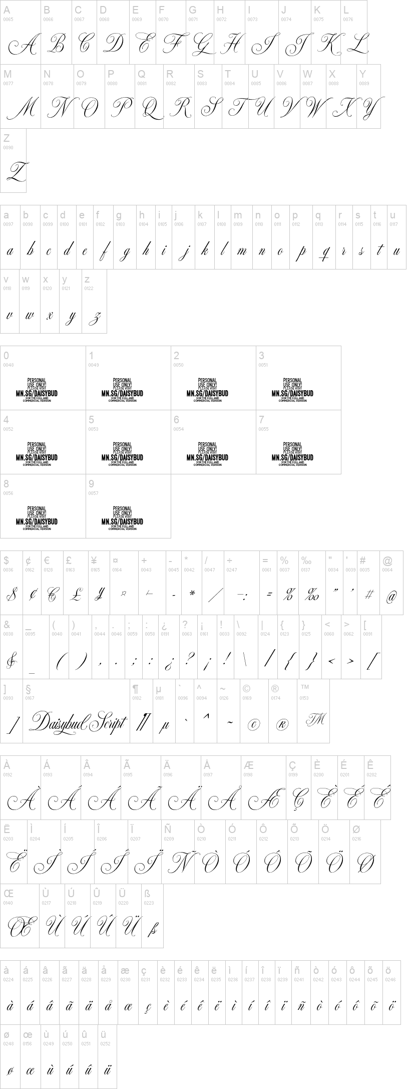Daisybud Script 字体字形表