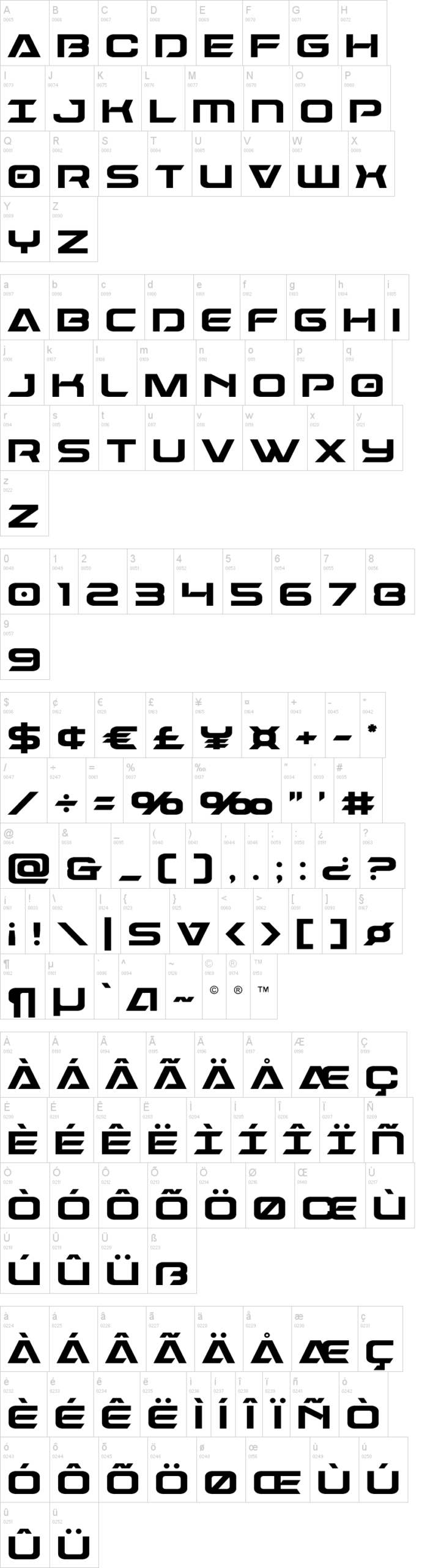 Dameron 字体字形表