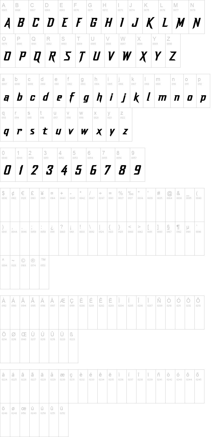 Dash 字体字形表