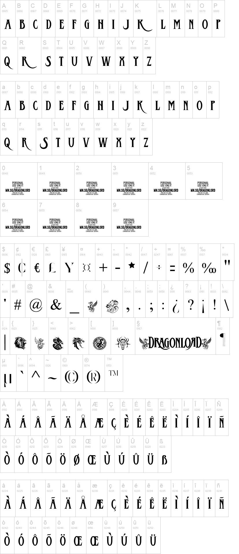 Dragonlord 字体字形表