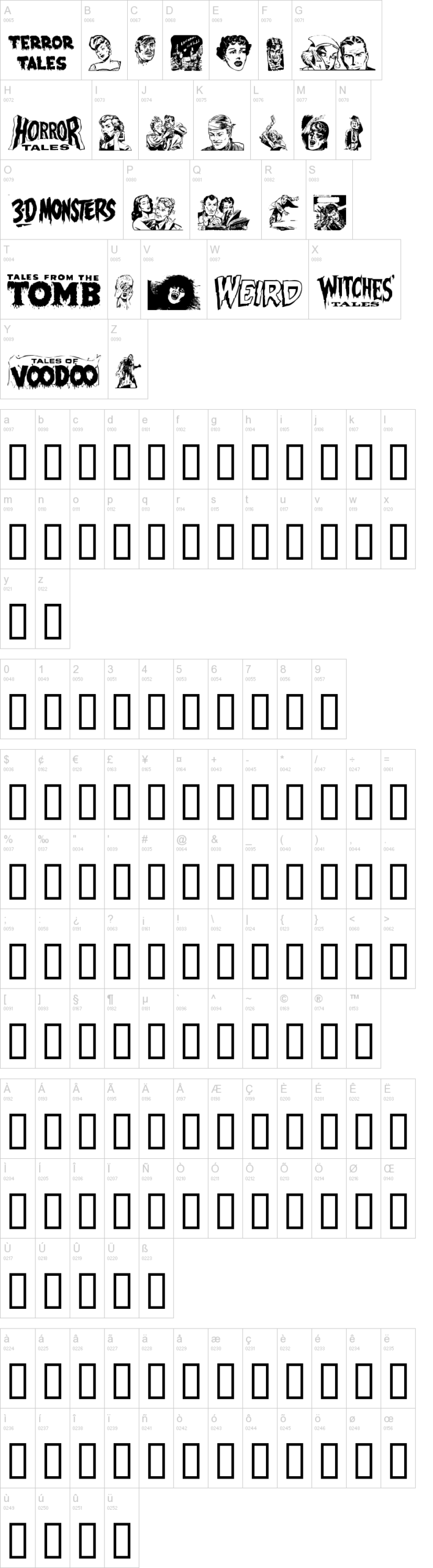 Eerie Pubs Dingbats II 字体字形表