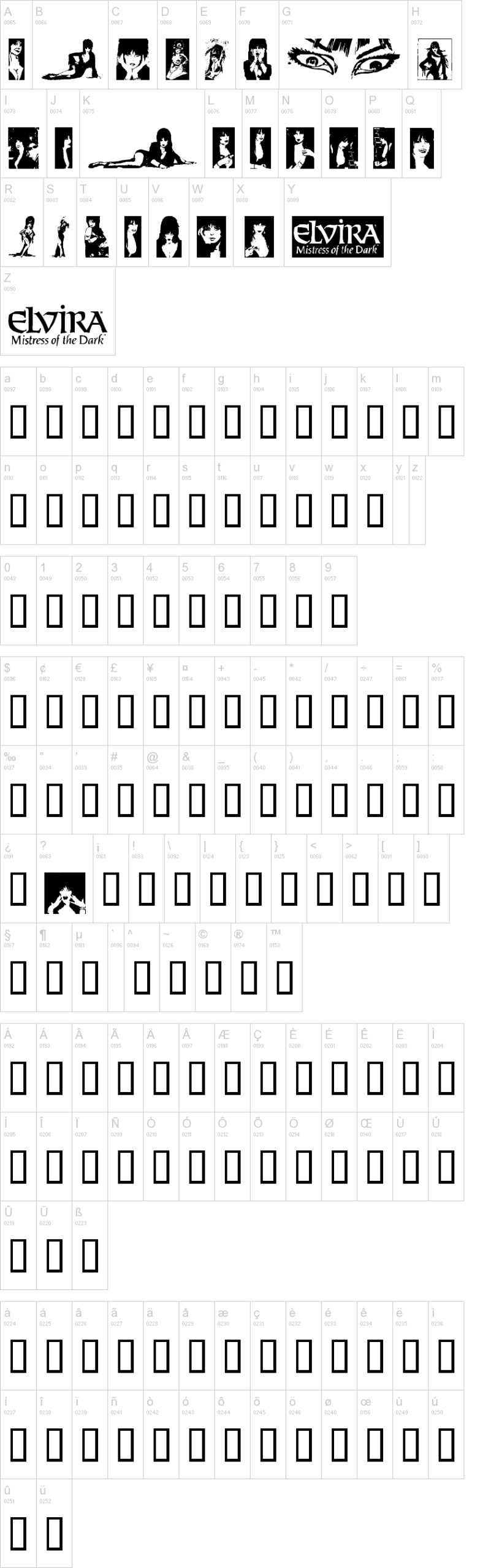 Elvira Dingbats 字体字形表