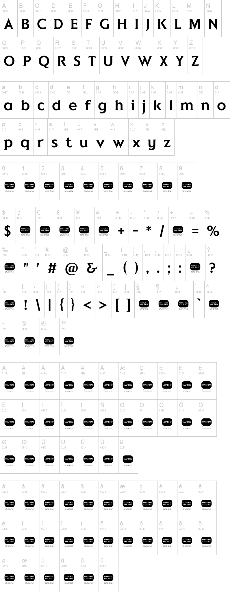 Empire 字体字形表