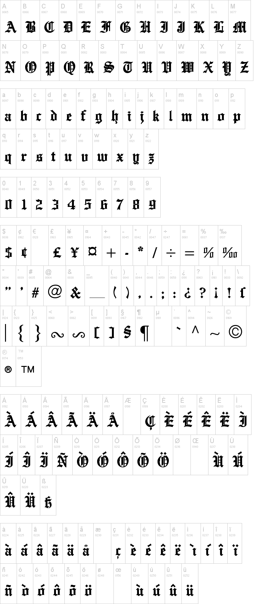 English Towne 字体字形表