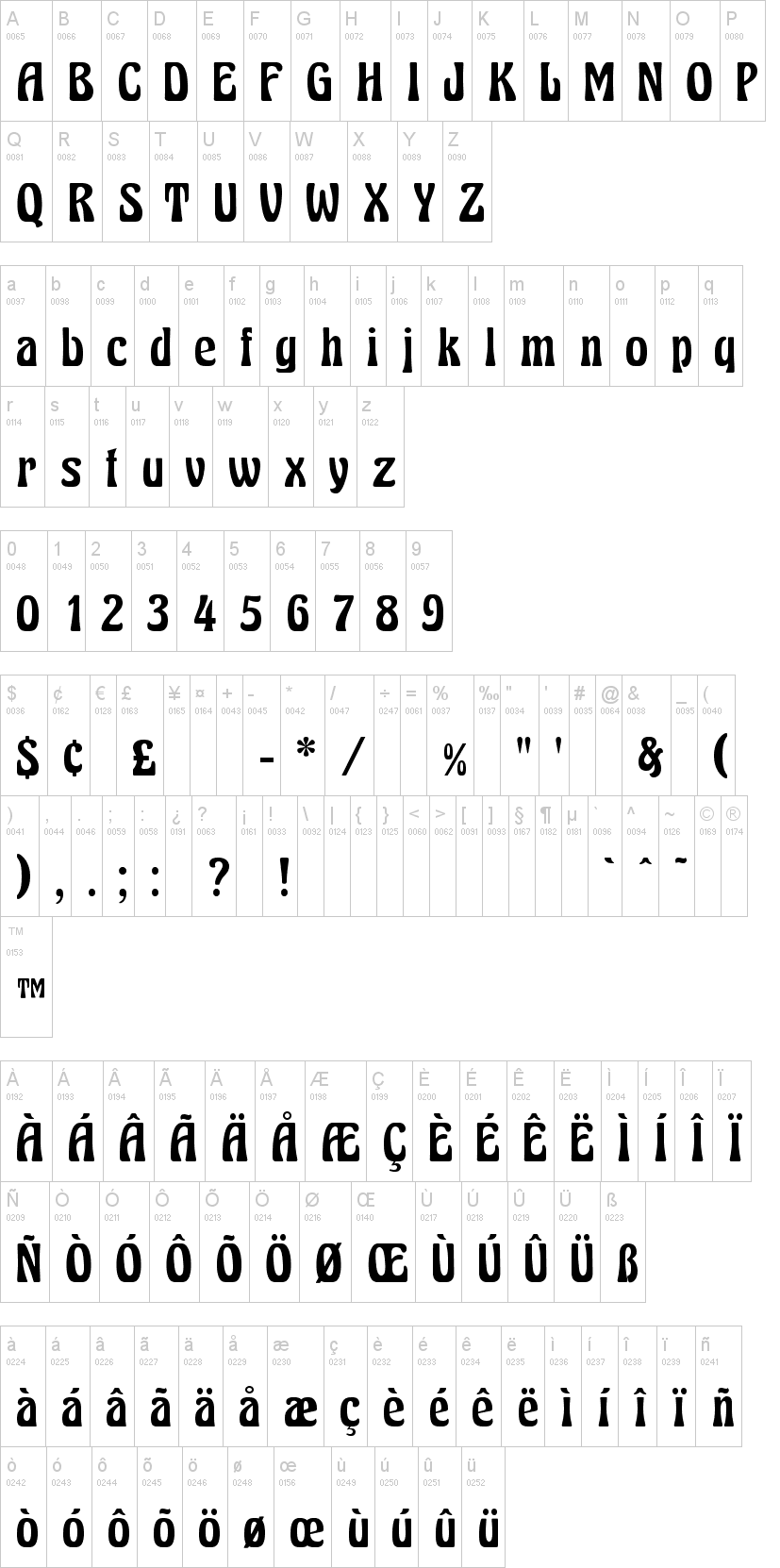 Excalibur Nouveau 字体字形表