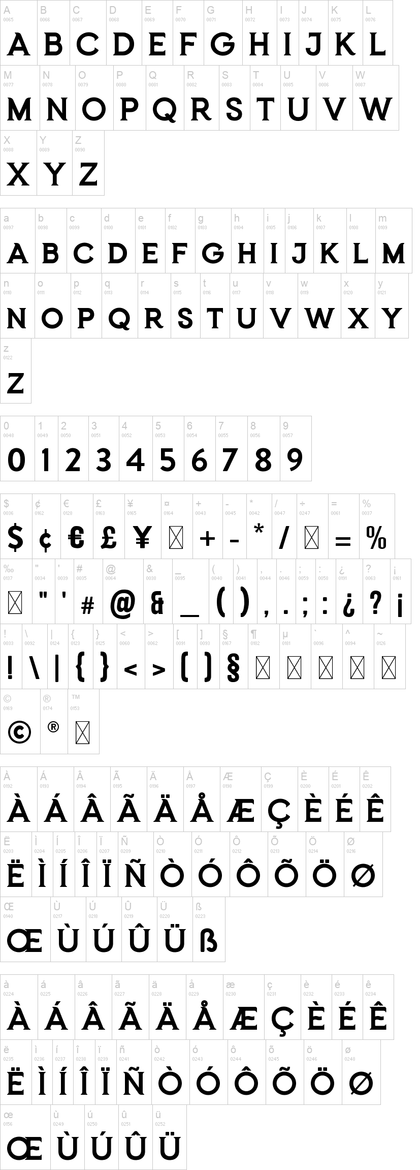 Frozenca Script Typeface 字体字形表