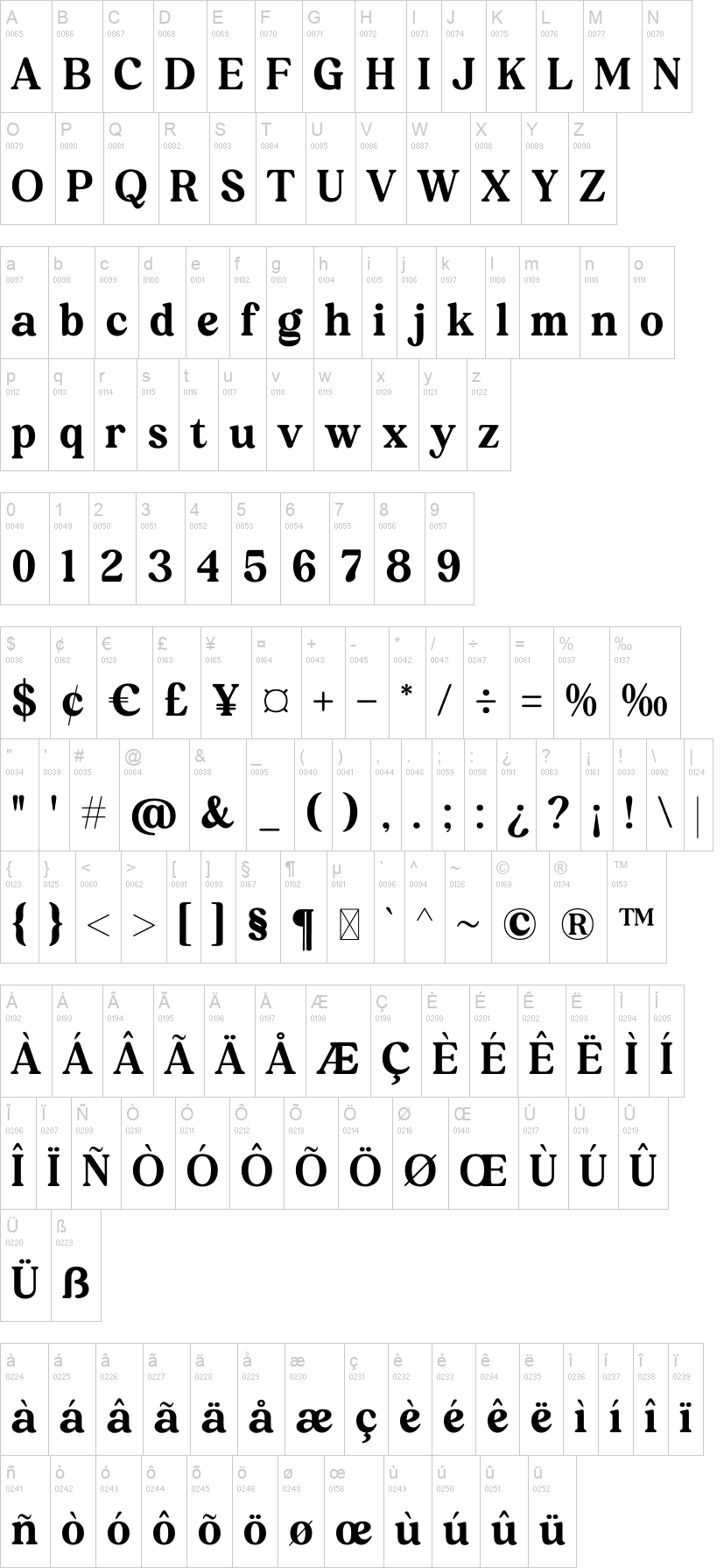 Hearty Sacred 字体字形表
