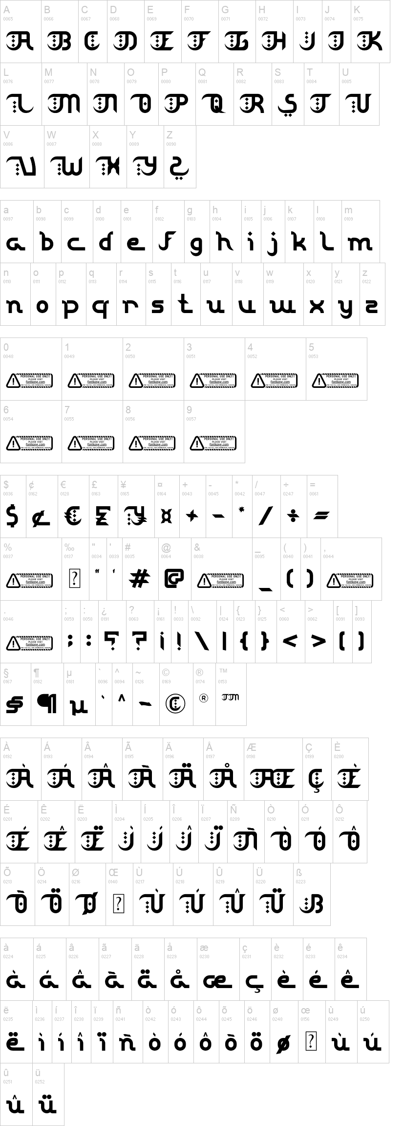 Jamalu 字体字形表