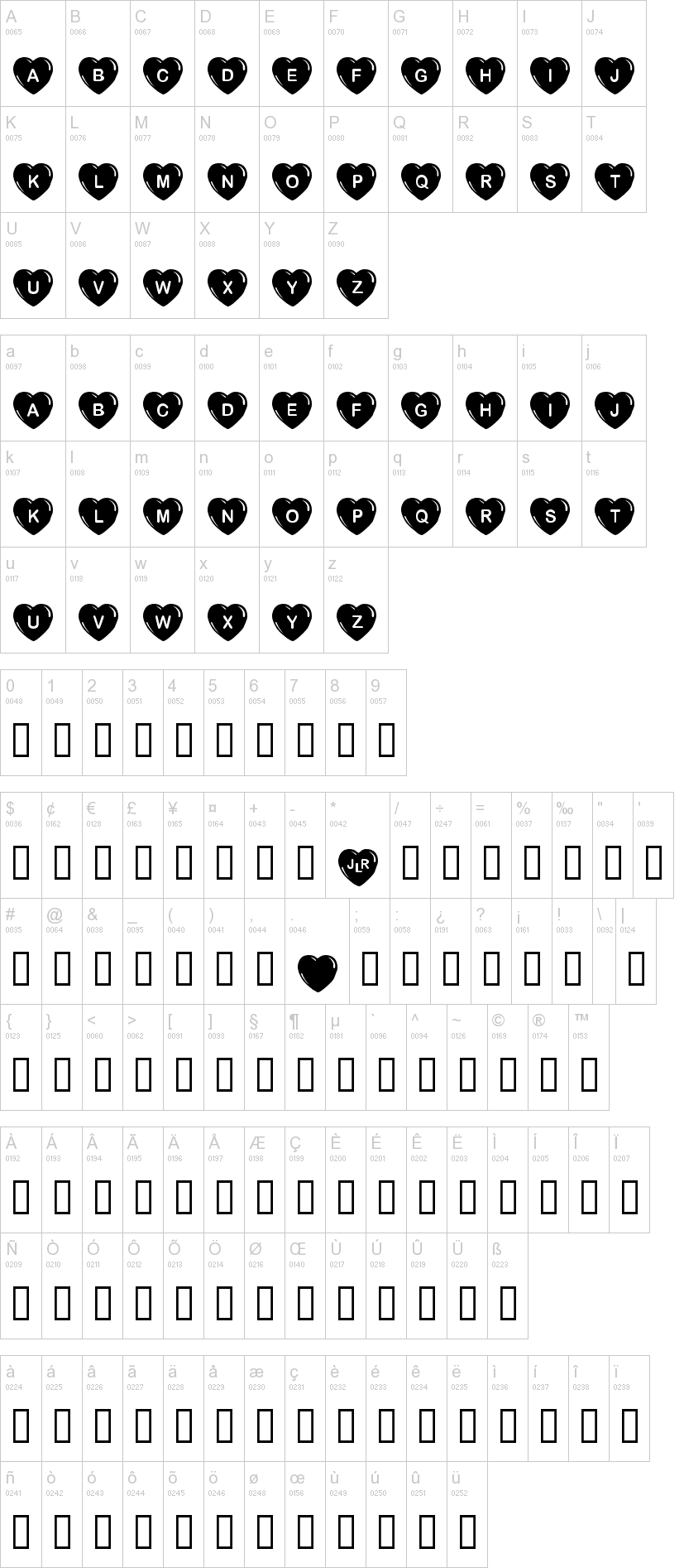 JLR Simple Hearts 字体字形表