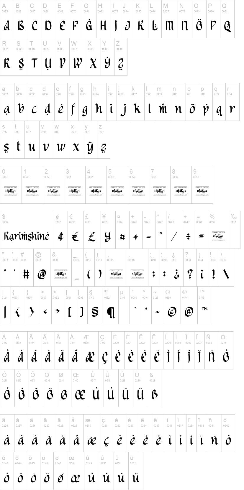 Karimshine 字体字形表