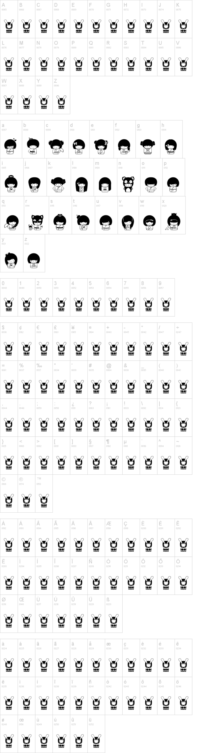 Kokeshi Kawaii 字体字形表