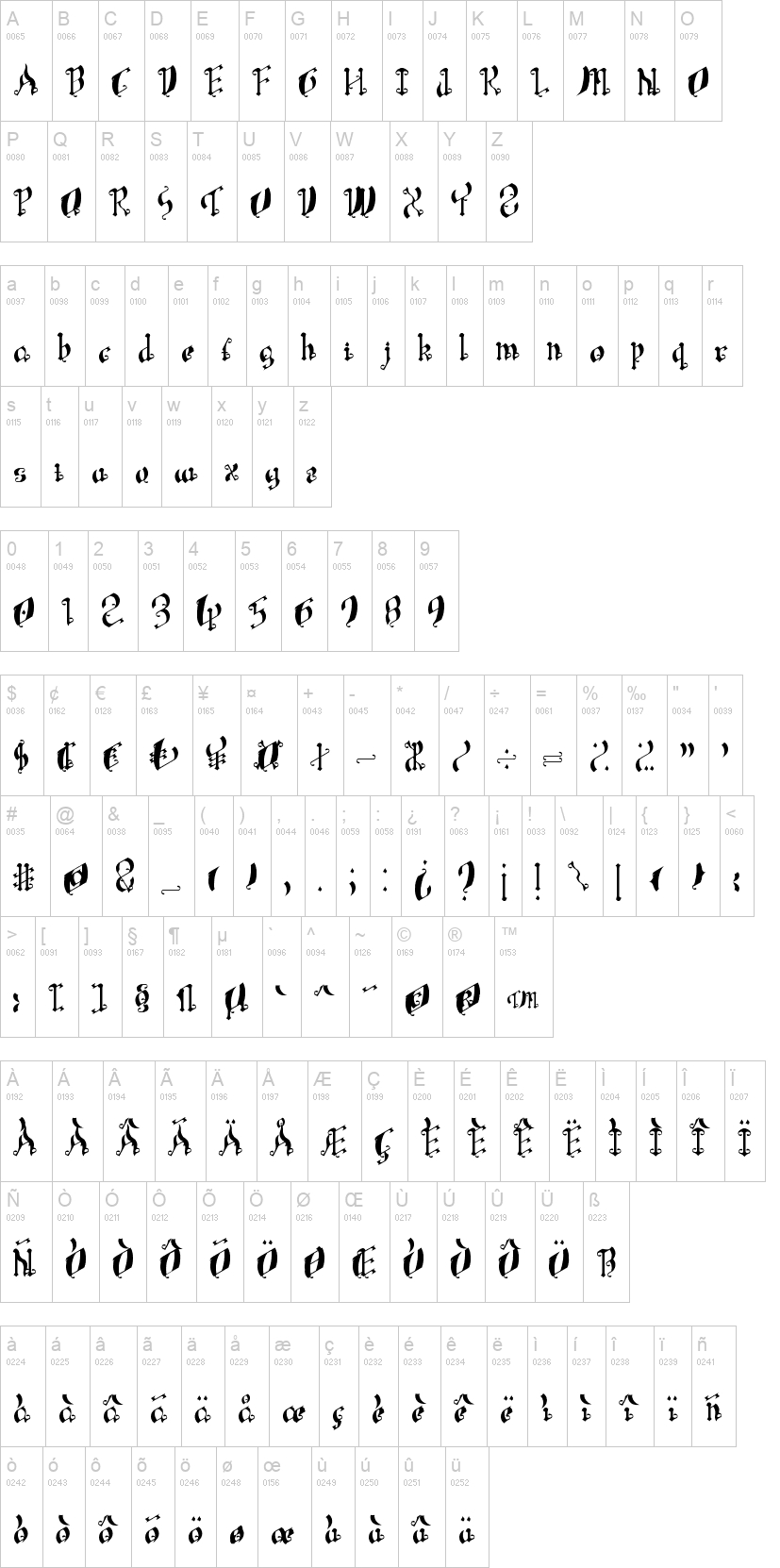 Leaning Simple Gothic Font 字体字形表