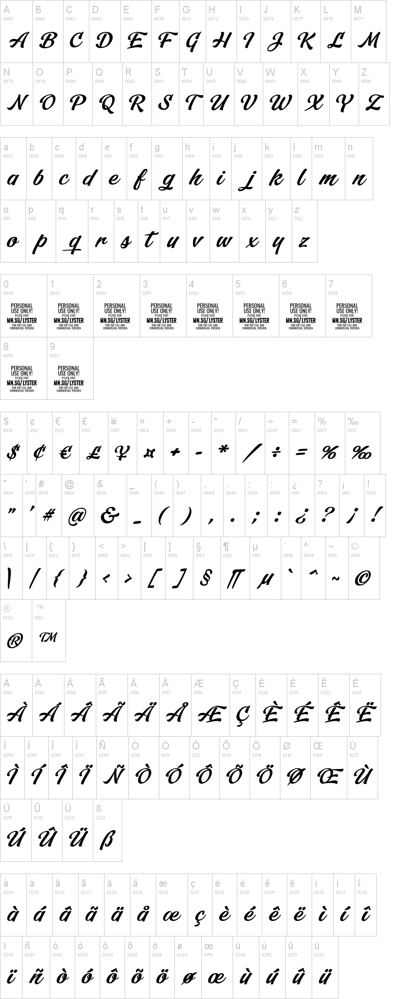 Lyster 字体字形表