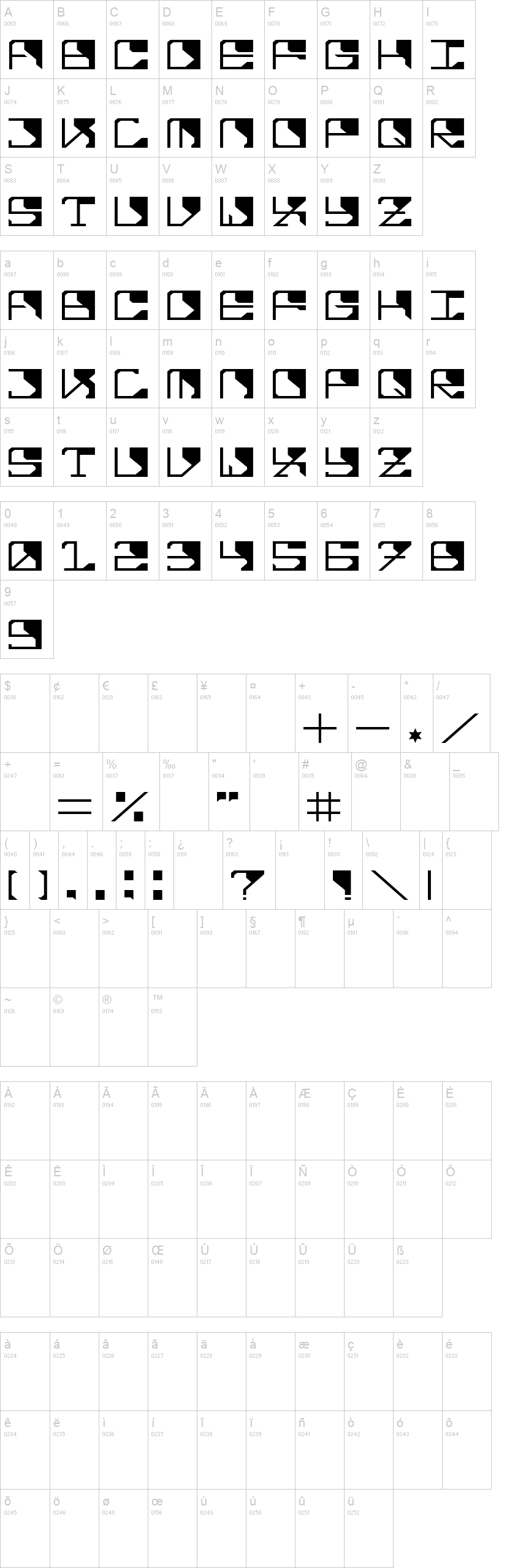 M290 字体字形表