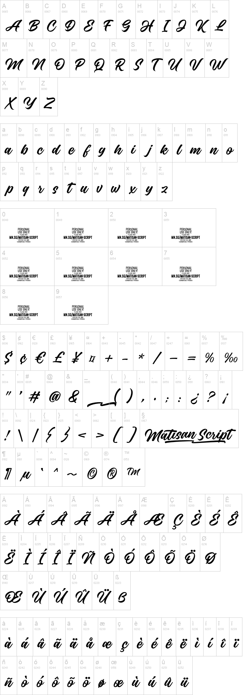 Matisan Script 字体字形表