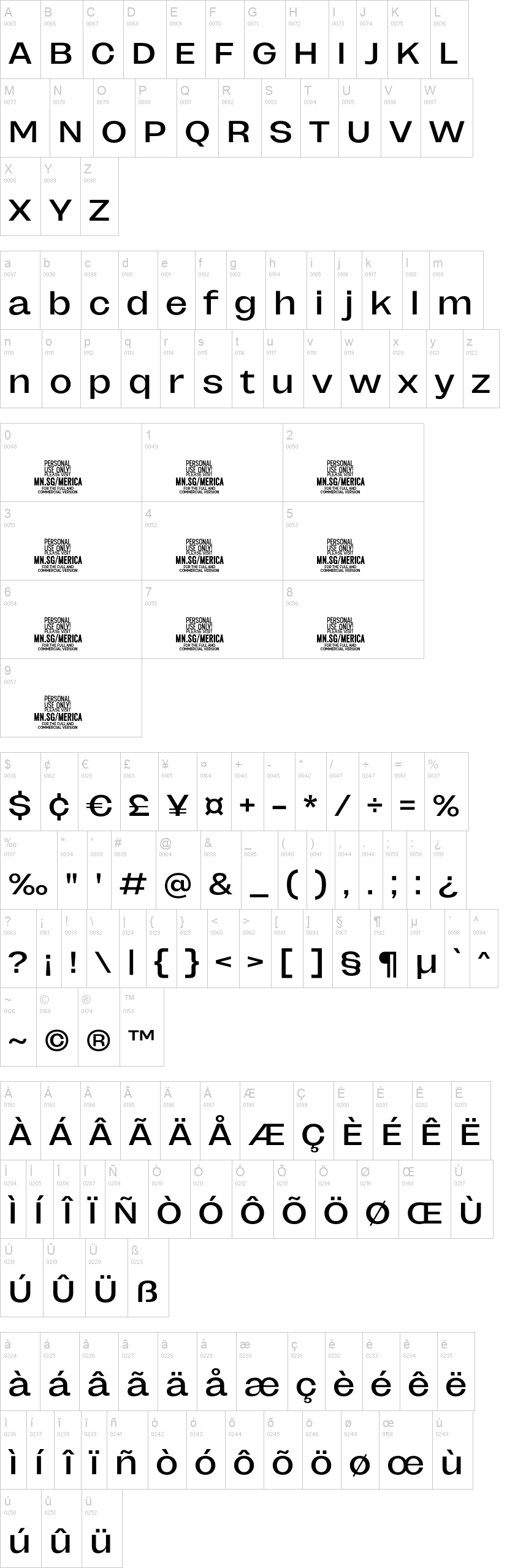 Merica Grotesk 字体字形表