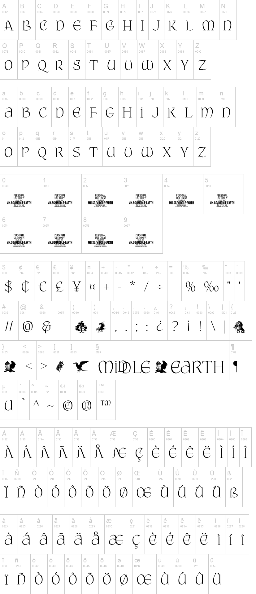 Middle Earth 字体字形表