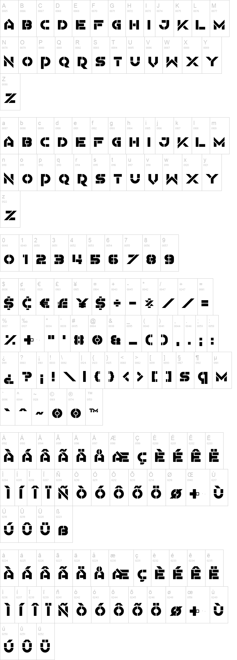 Mothercode 字体字形表