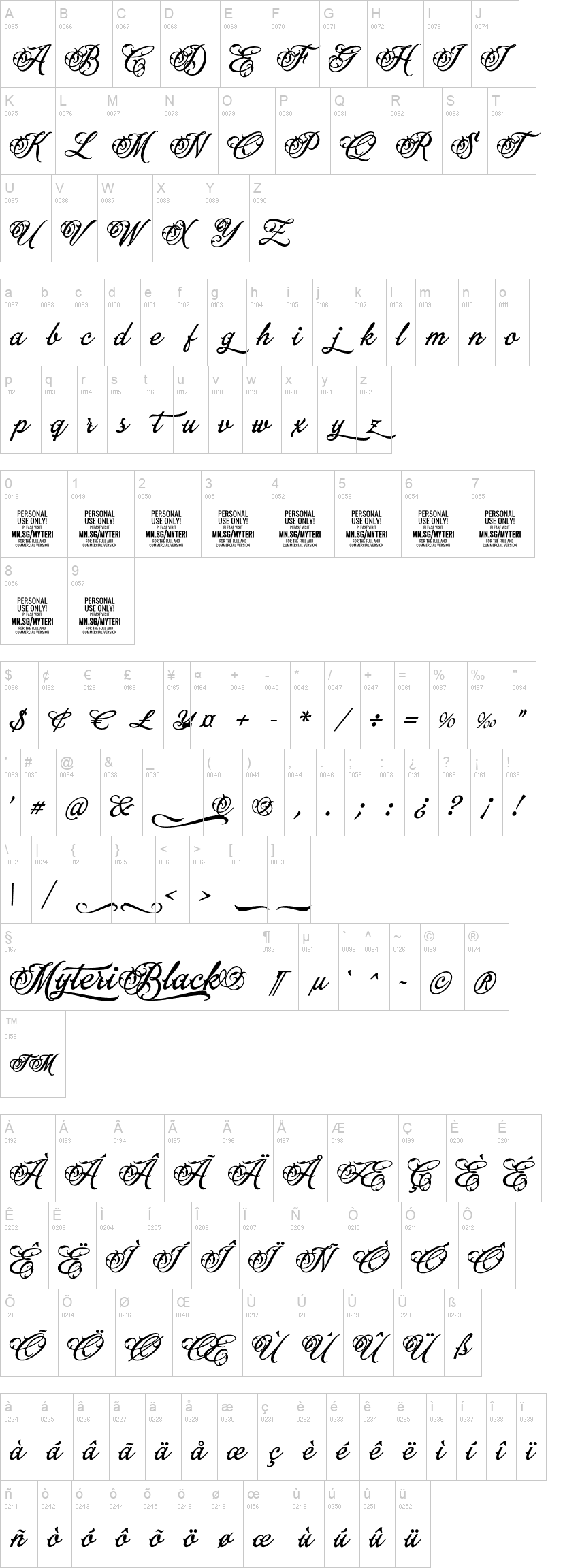 Myteri 字体字形表