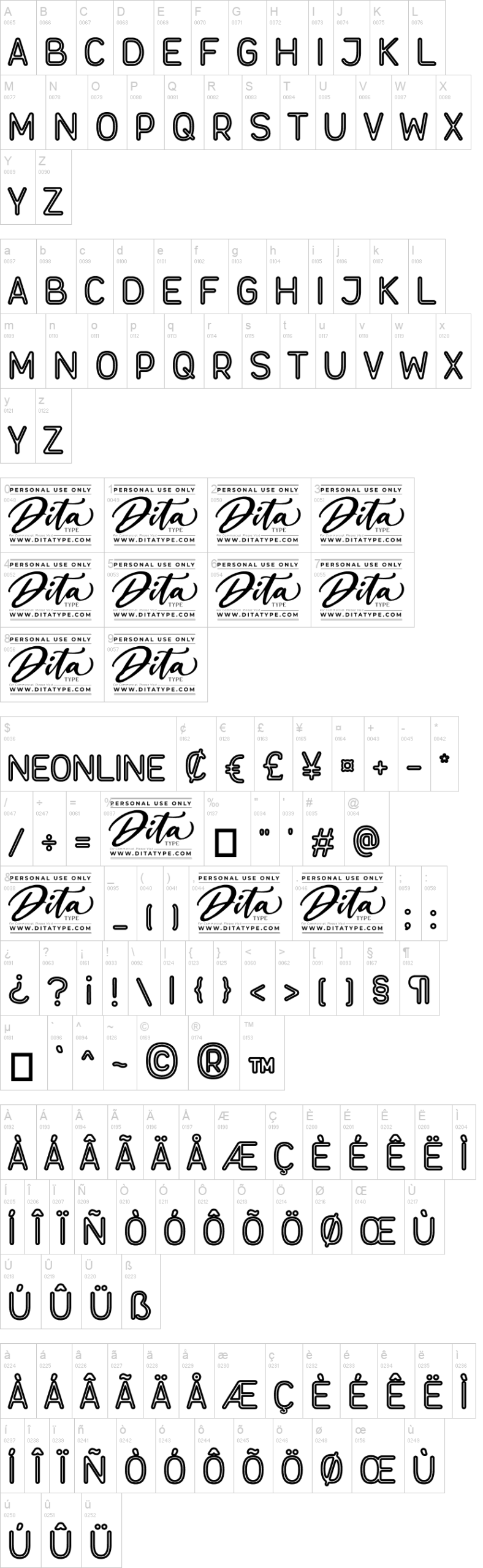 Neonline 字体字形表