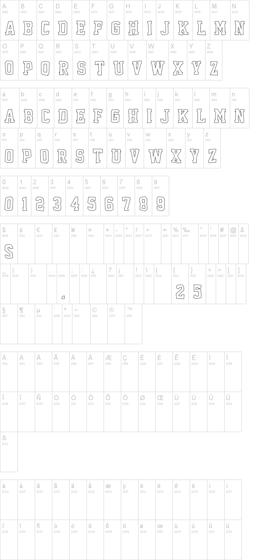 Outcast M54 字体字形表