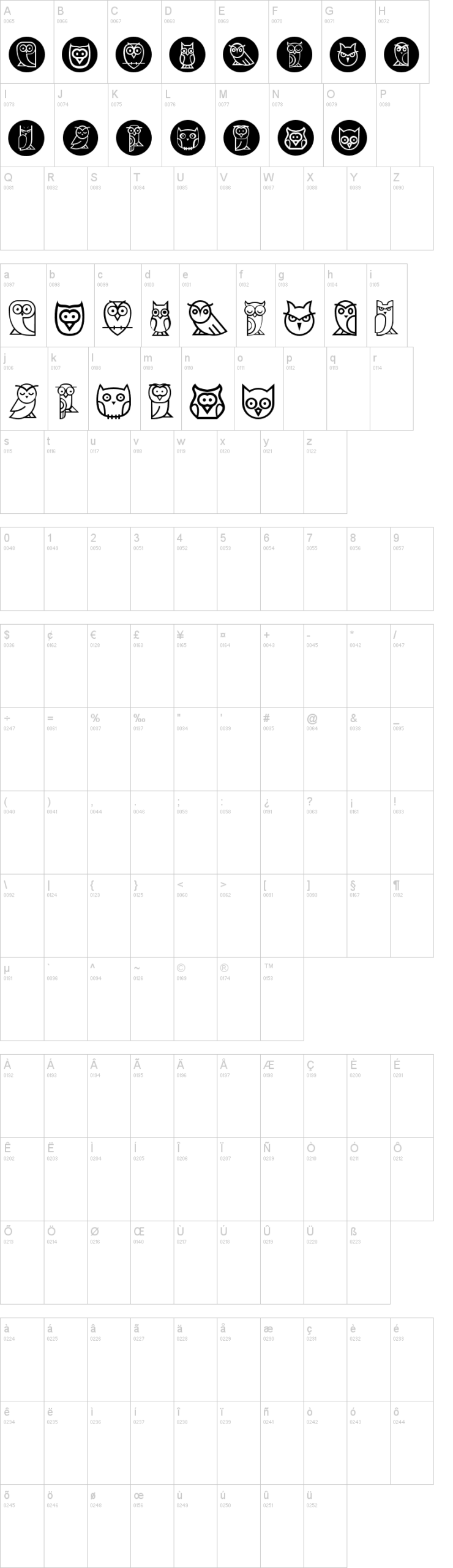 Owls 字体字形表