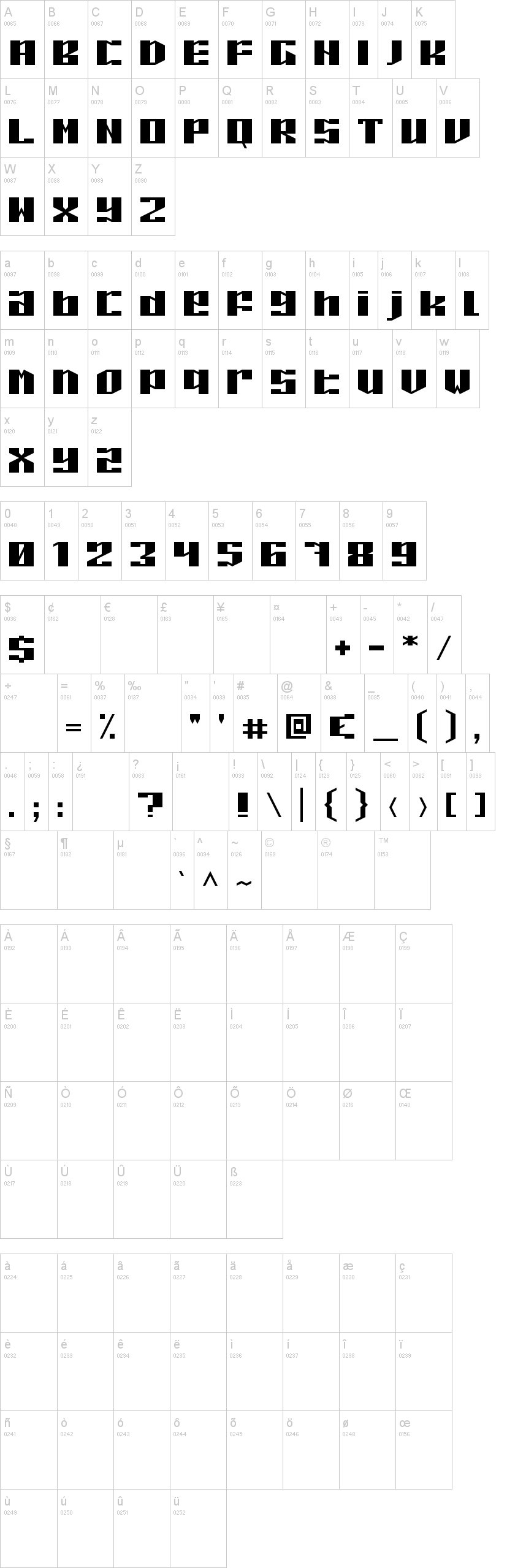 Piloton 字体字形表