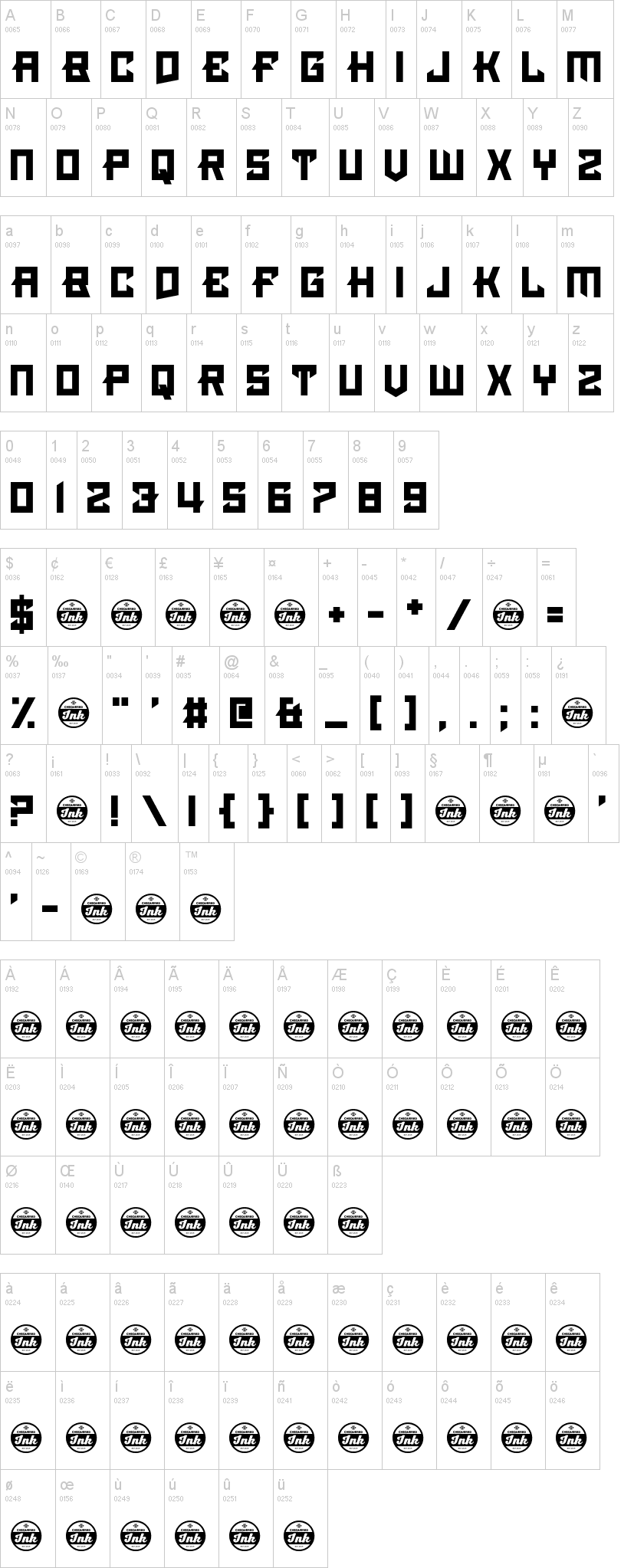 Pimlico 字体字形表
