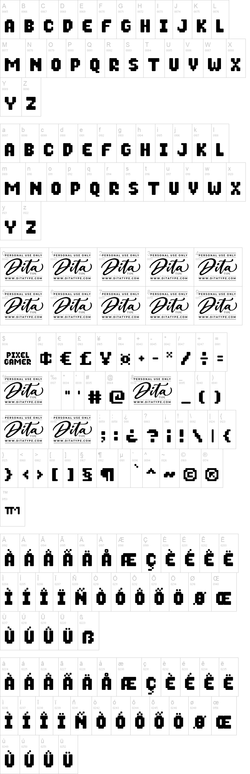 Pixel Gamer 字体字形表