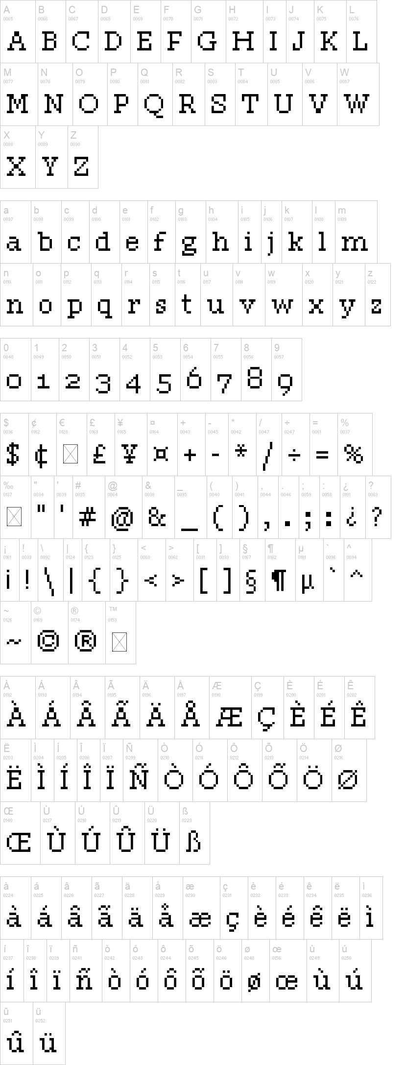 Pixel Georgia 字体字形表