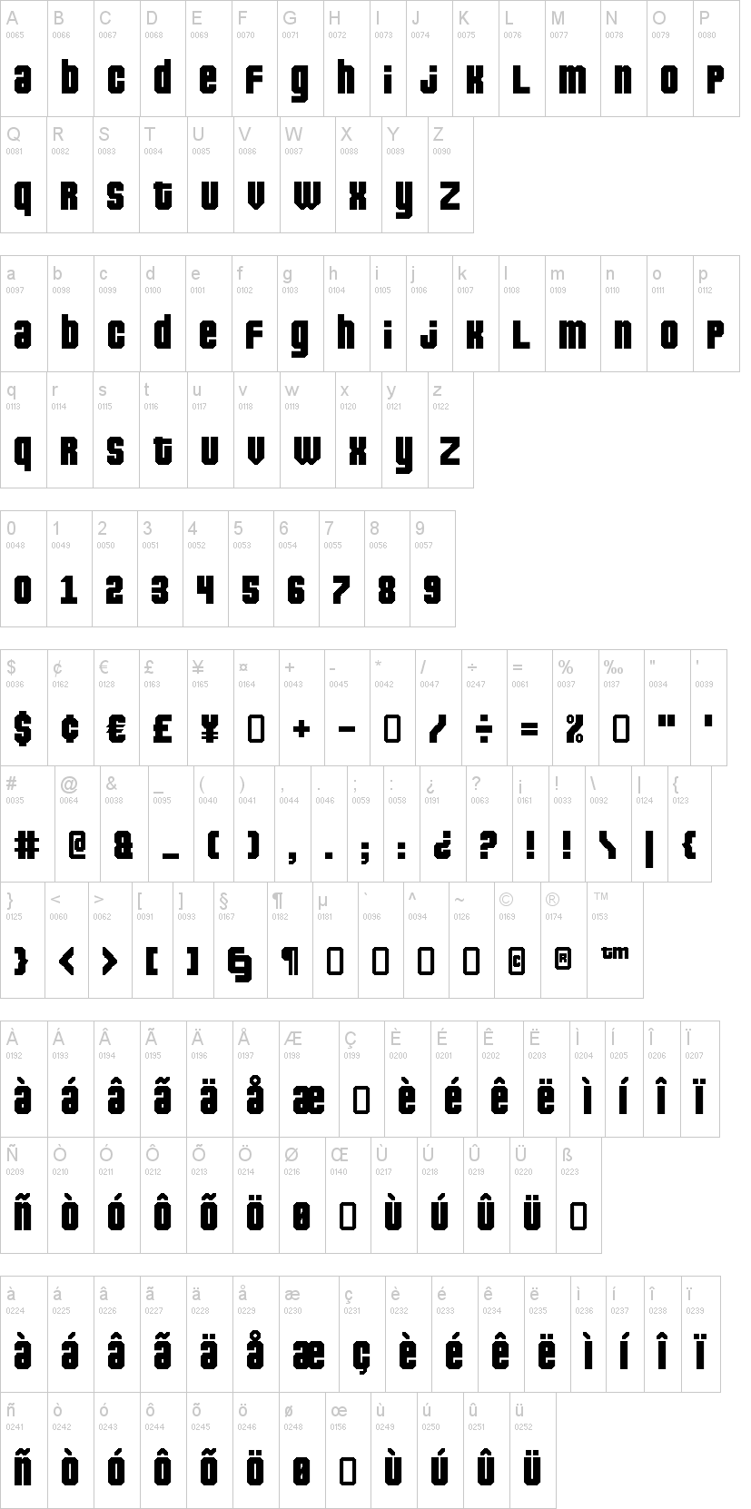Pixeldown 字体字形表