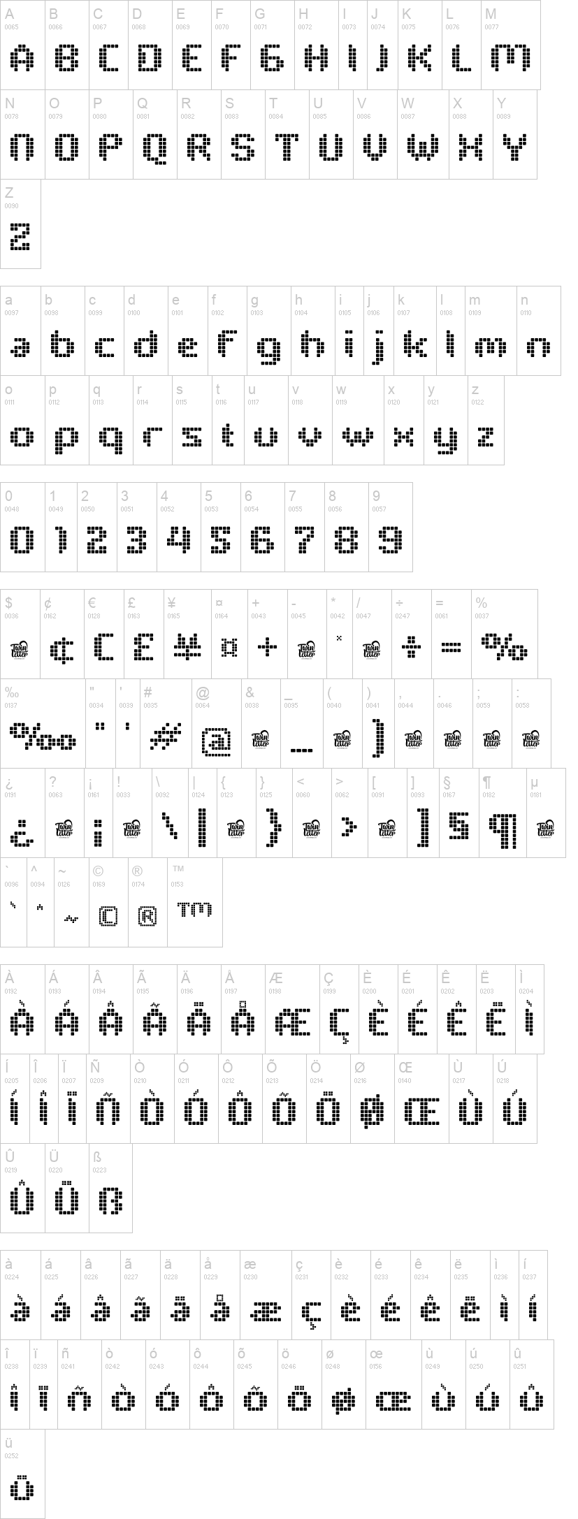 Pixelya 字体字形表