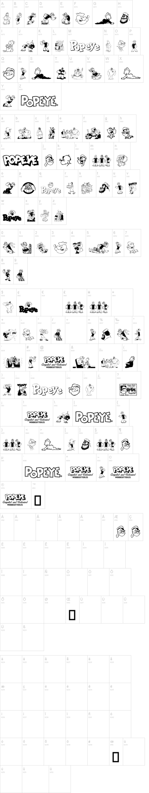 Popeye 字体字形表