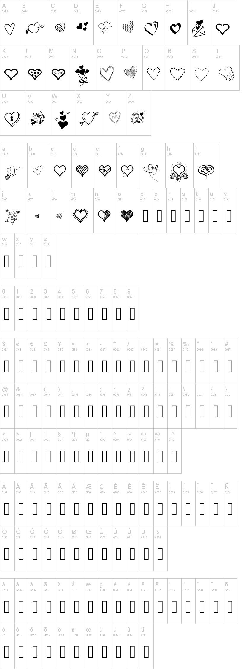 PW Little Hearts 字体字形表