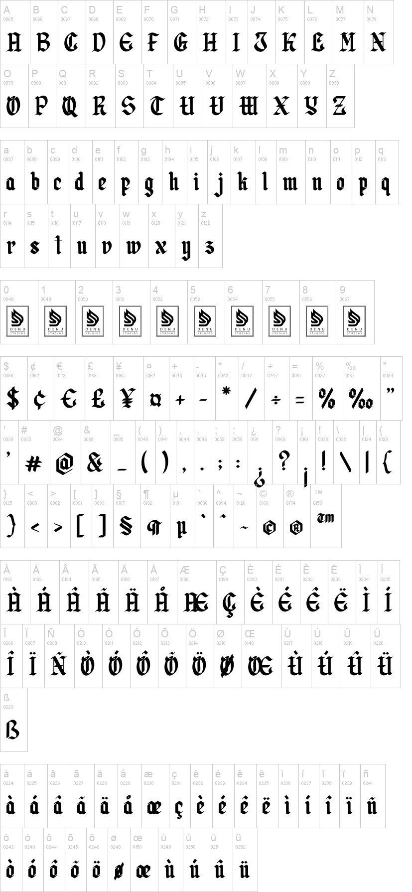 Qindret 字体字形表