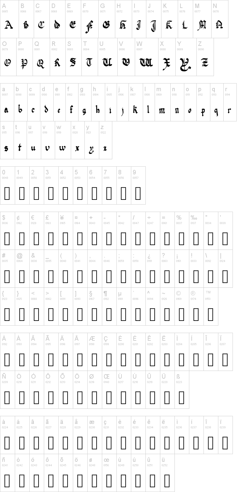 Quadrata Preciosa 字体字形表