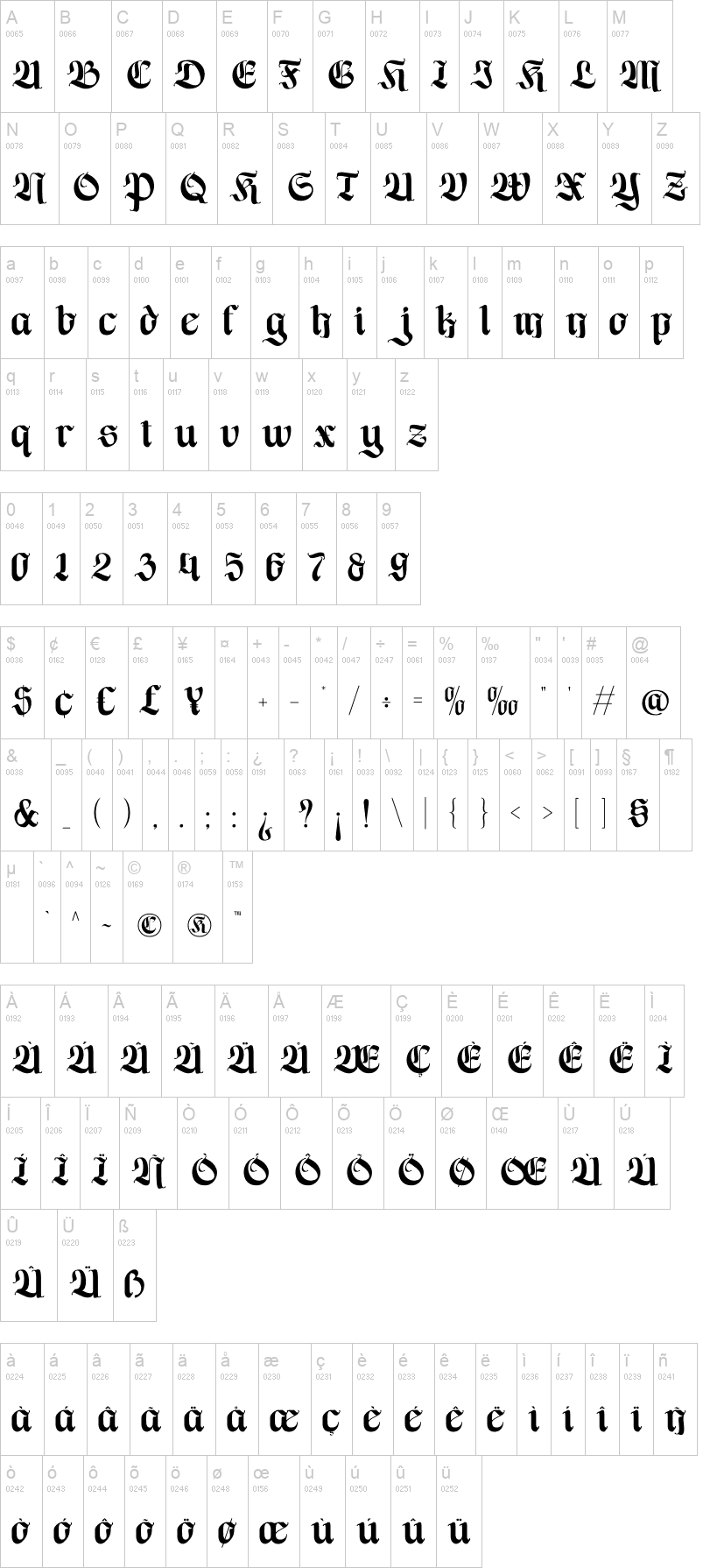 Regano 字体字形表