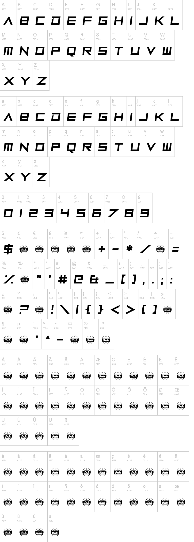 Robot Roc 字体字形表