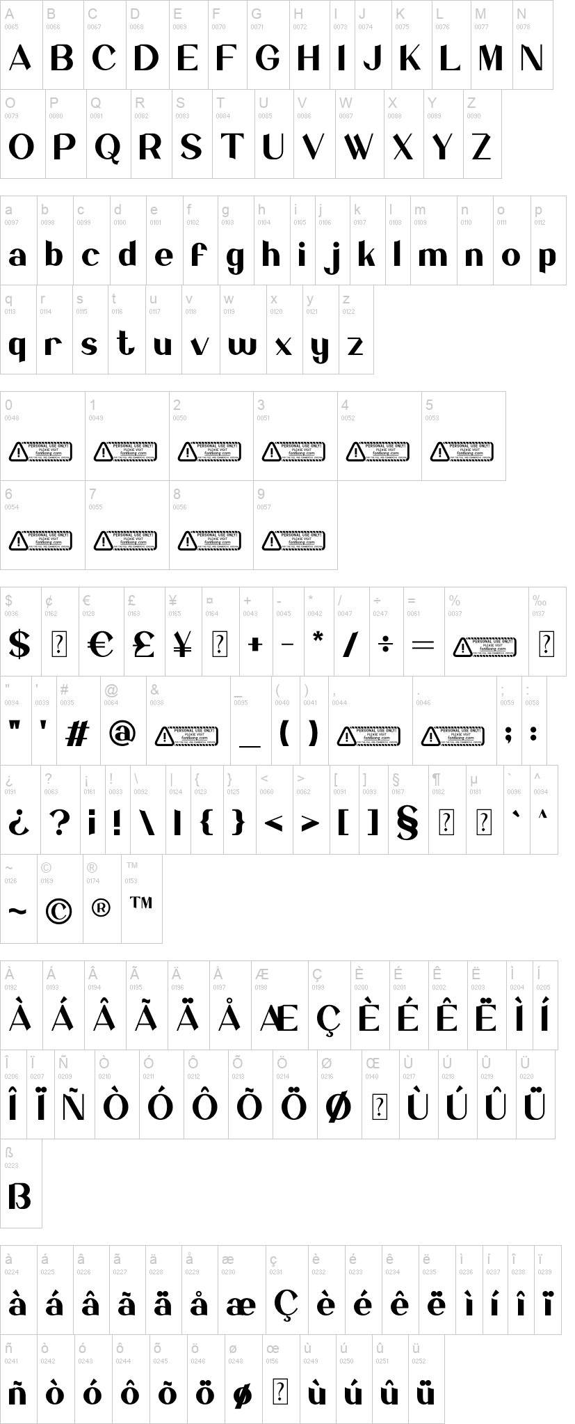 Salvador 字体字形表