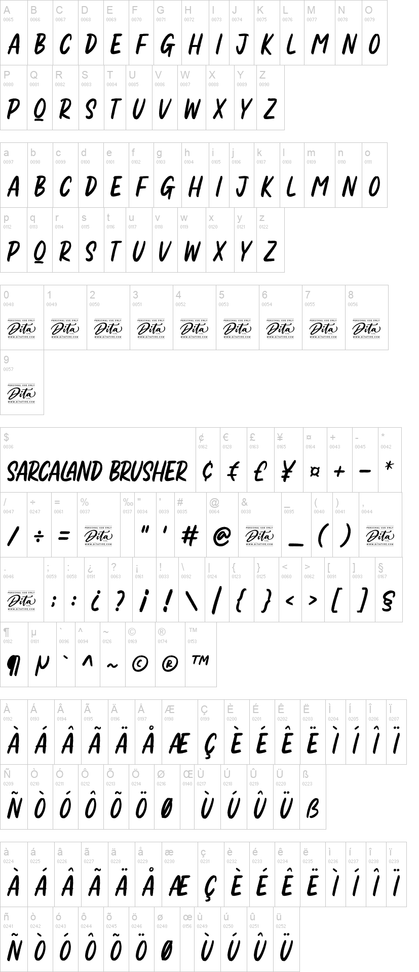 Sarcaland Brusher 字体字形表