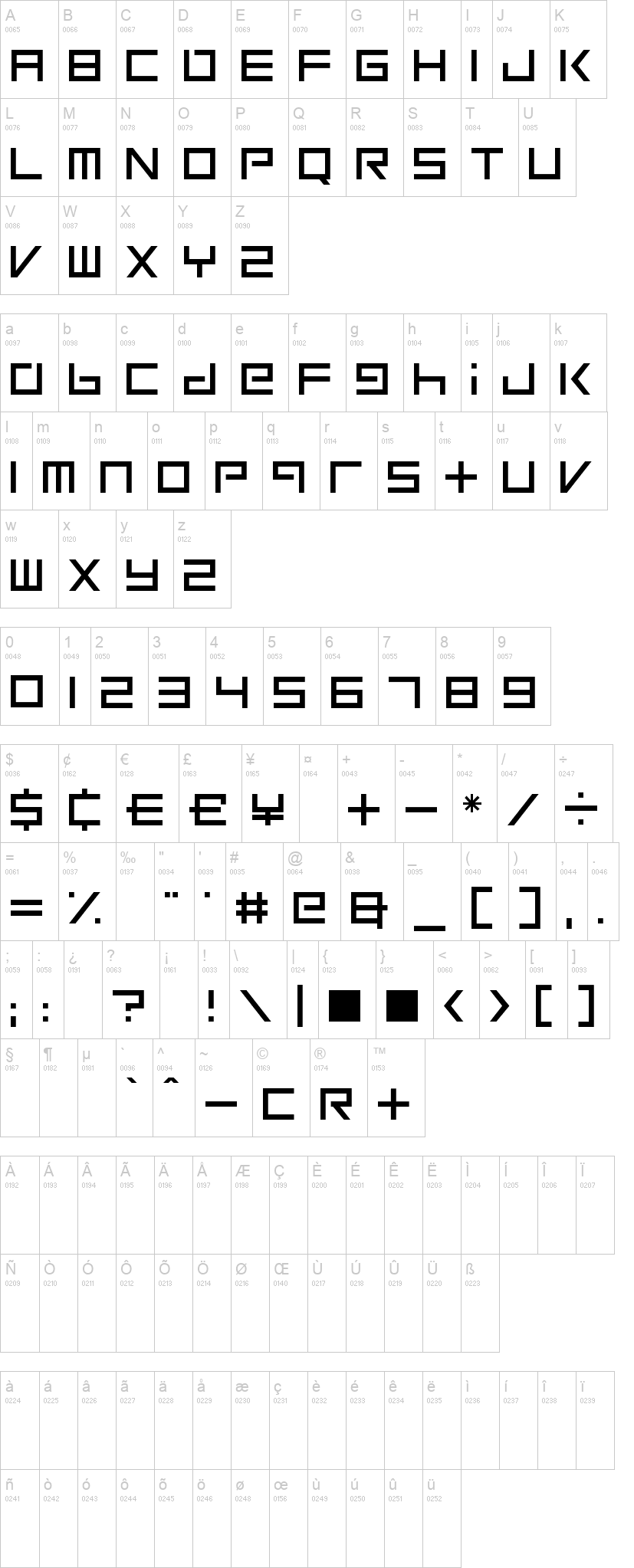Square One 字体字形表