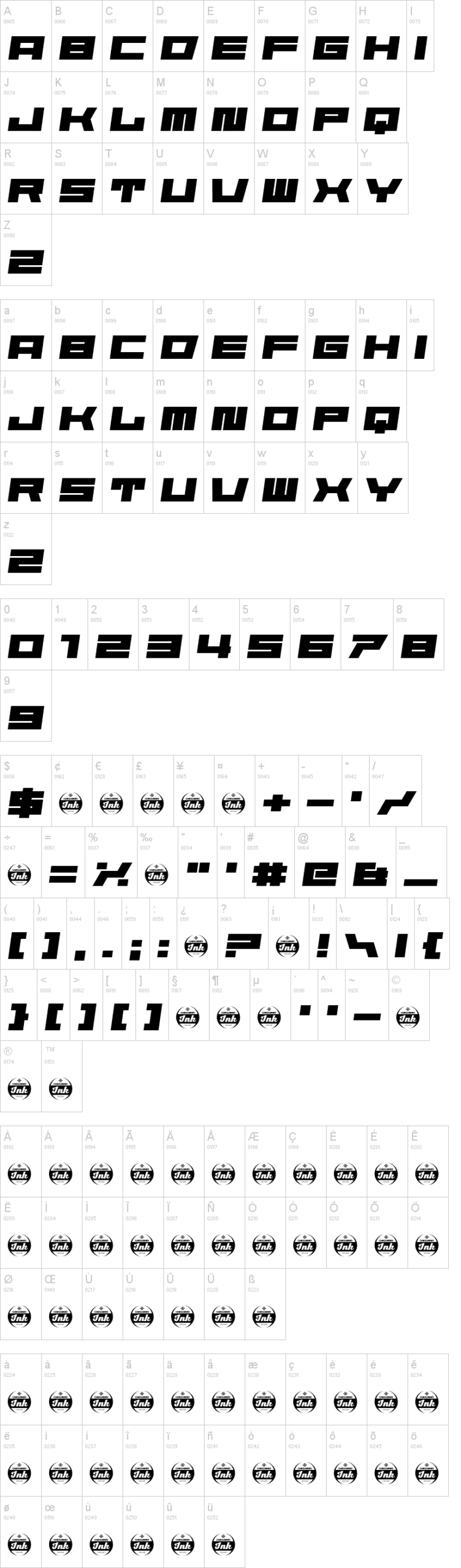 Starbirl 字体字形表